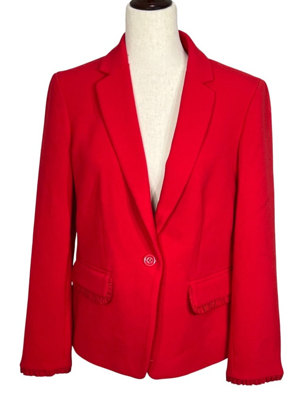 ANN TAYLOR Ruffle Trimmed Single Button Blazer Bright Red Sz 6T EUC